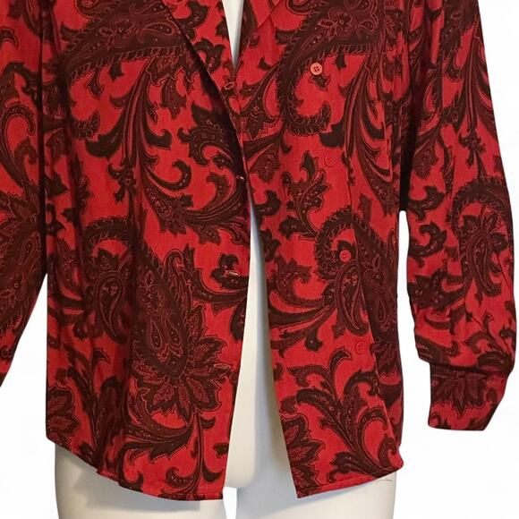 Vintage 90s Rena Rowan for Saville Blouse Size 12 Red Black Paisley Office Chic - Picture 7 of 9